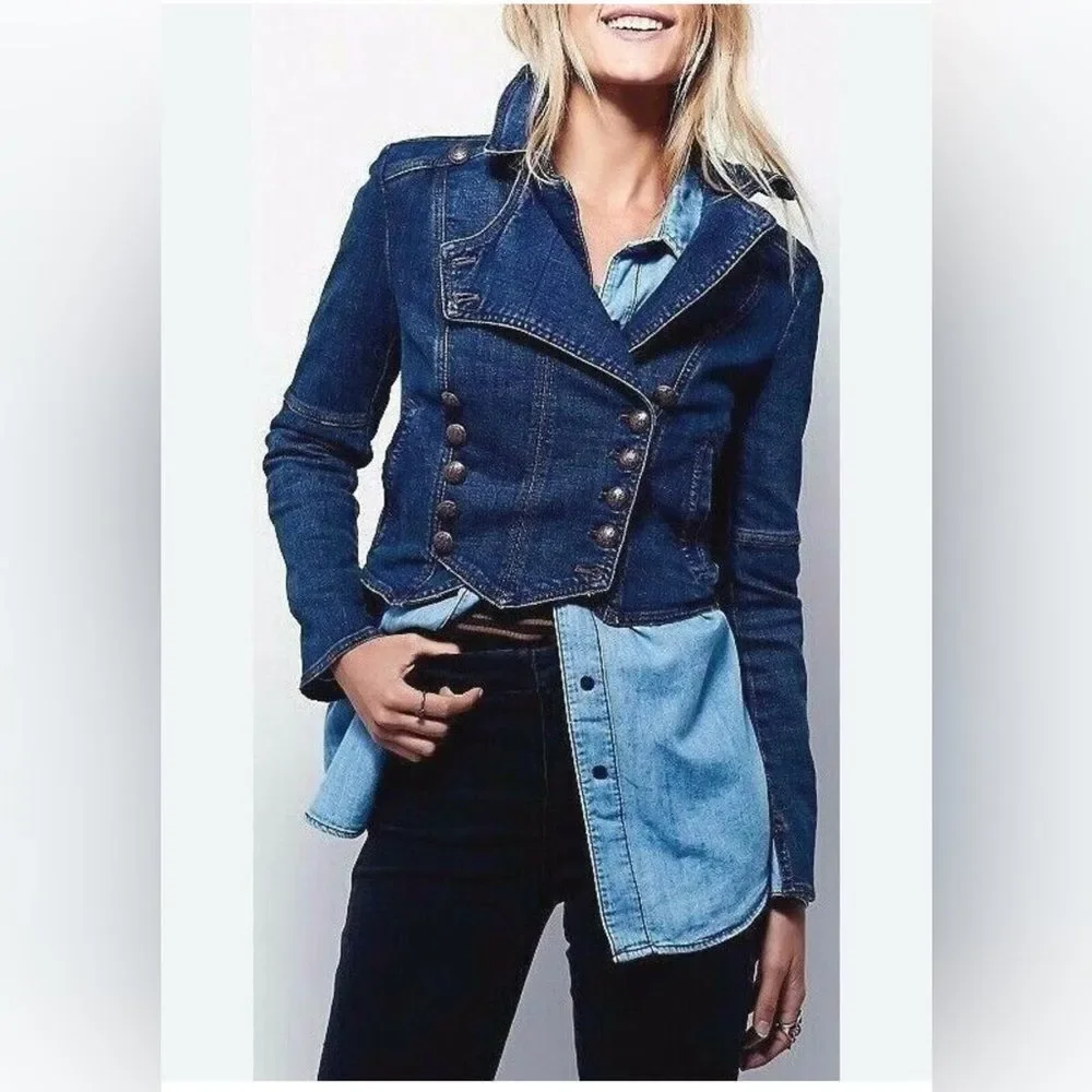 Free People Vintage Blue Long Sleeve Button Denim Military Band Jacket Size M - Picture 1 of 10